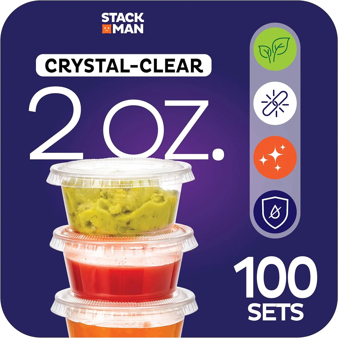 Clear Plastic Condiment Containers with Lids (100 Sets - 2 Oz.) Disposable Portion Containers, Jello Shot Cups, Snack Portion Cups