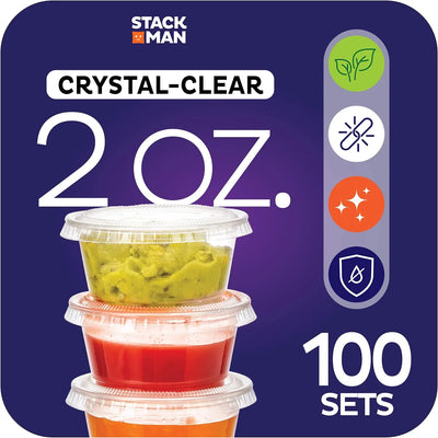 Clear Plastic Condiment Containers with Lids (100 Sets - 2 Oz.) Disposable Portion Containers, Jello Shot Cups, Snack Portion Cups