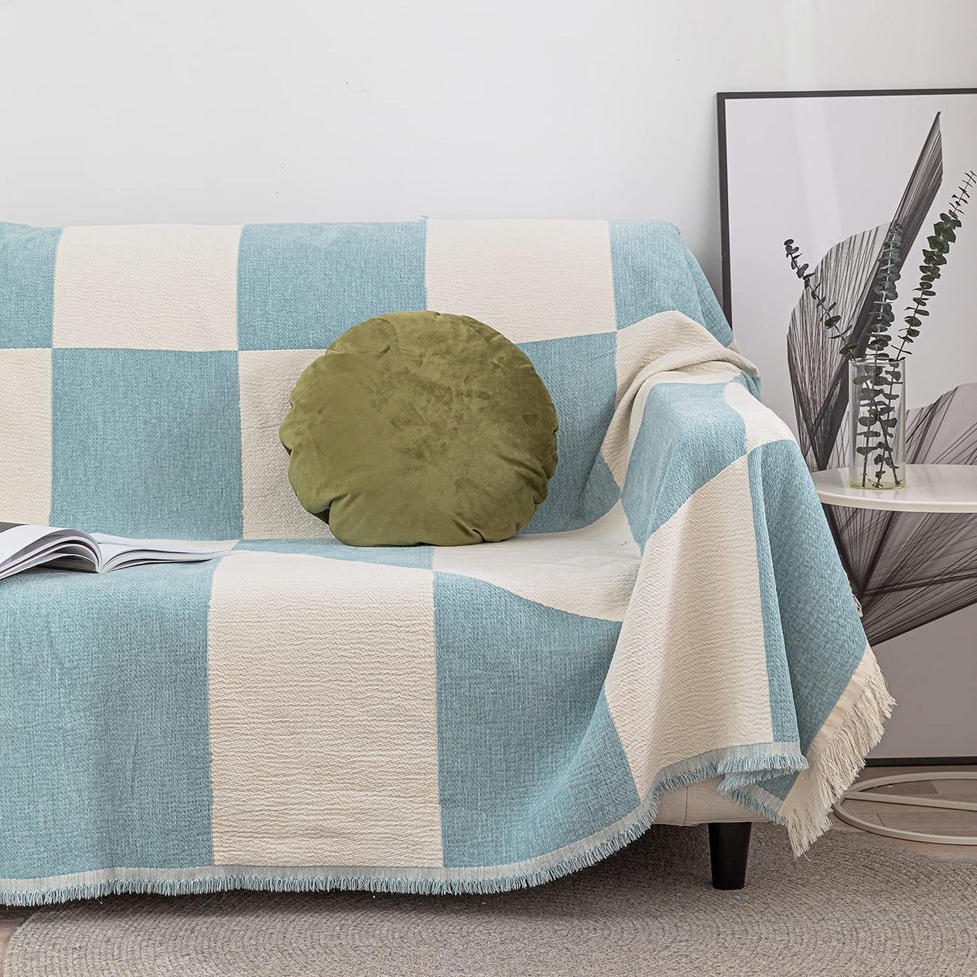 Luxury Boho Fall Throw Blanket for Couch - Woven Soft Cozy Cotton Throw, Decorative Aztec Blanket with Tassels for Bed,Sofa (50*60 Inches, Blue&White)