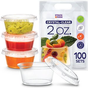 Clear Plastic Condiment Containers with Lids (100 Sets - 2 Oz.) Disposable Portion Containers, Jello Shot Cups, Snack Portion Cups