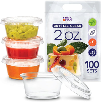 Clear Plastic Condiment Containers with Lids (100 Sets - 2 Oz.) Disposable Portion Containers, Jello Shot Cups, Snack Portion Cups