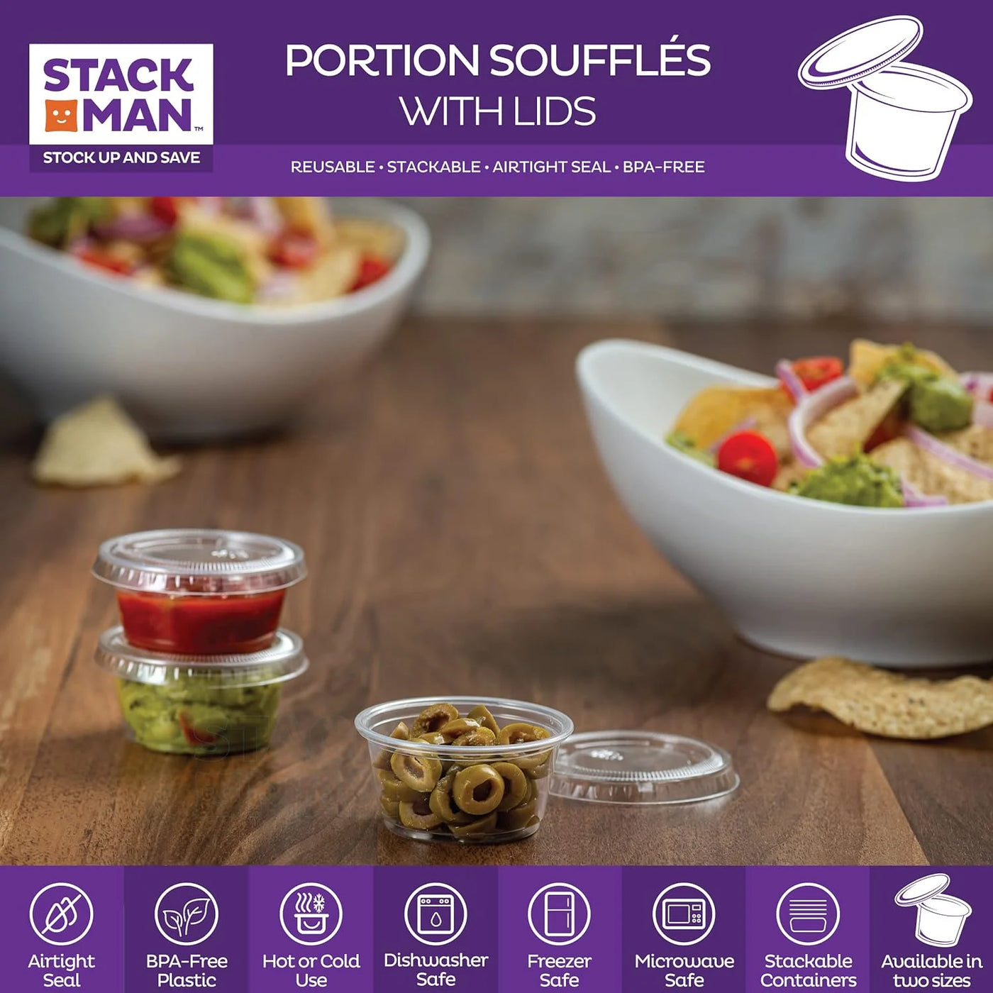 Clear Plastic Condiment Containers with Lids (100 Sets - 2 Oz.) Disposable Portion Containers, Jello Shot Cups, Snack Portion Cups