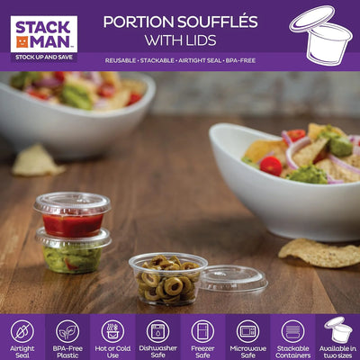Clear Plastic Condiment Containers with Lids (100 Sets - 2 Oz.) Disposable Portion Containers, Jello Shot Cups, Snack Portion Cups