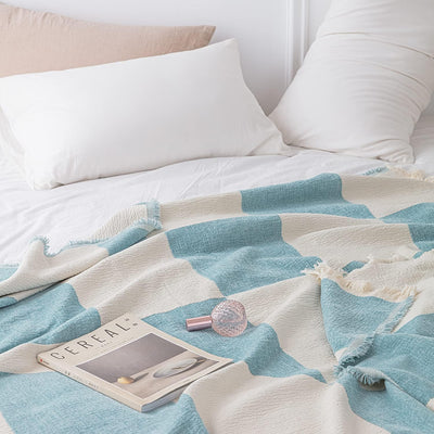 Luxury Boho Fall Throw Blanket for Couch - Woven Soft Cozy Cotton Throw, Decorative Aztec Blanket with Tassels for Bed,Sofa (50*60 Inches, Blue&White)