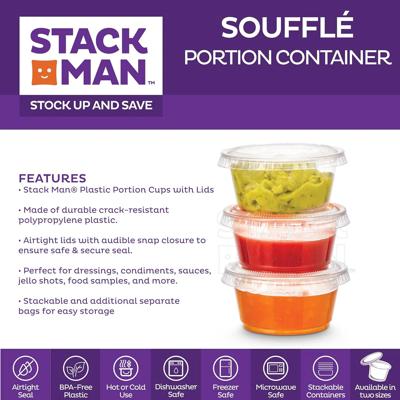 Clear Plastic Condiment Containers with Lids (100 Sets - 2 Oz.) Disposable Portion Containers, Jello Shot Cups, Snack Portion Cups