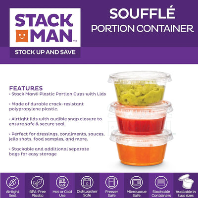 Clear Plastic Condiment Containers with Lids (100 Sets - 2 Oz.) Disposable Portion Containers, Jello Shot Cups, Snack Portion Cups