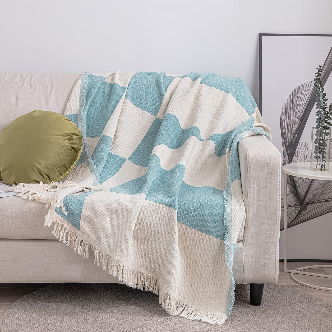 Luxury Boho Fall Throw Blanket for Couch - Woven Soft Cozy Cotton Throw, Decorative Aztec Blanket with Tassels for Bed,Sofa (50*60 Inches, Blue&White)