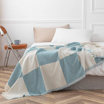 Luxury Boho Fall Throw Blanket for Couch - Woven Soft Cozy Cotton Throw, Decorative Aztec Blanket with Tassels for Bed,Sofa (50*60 Inches, Blue&White)