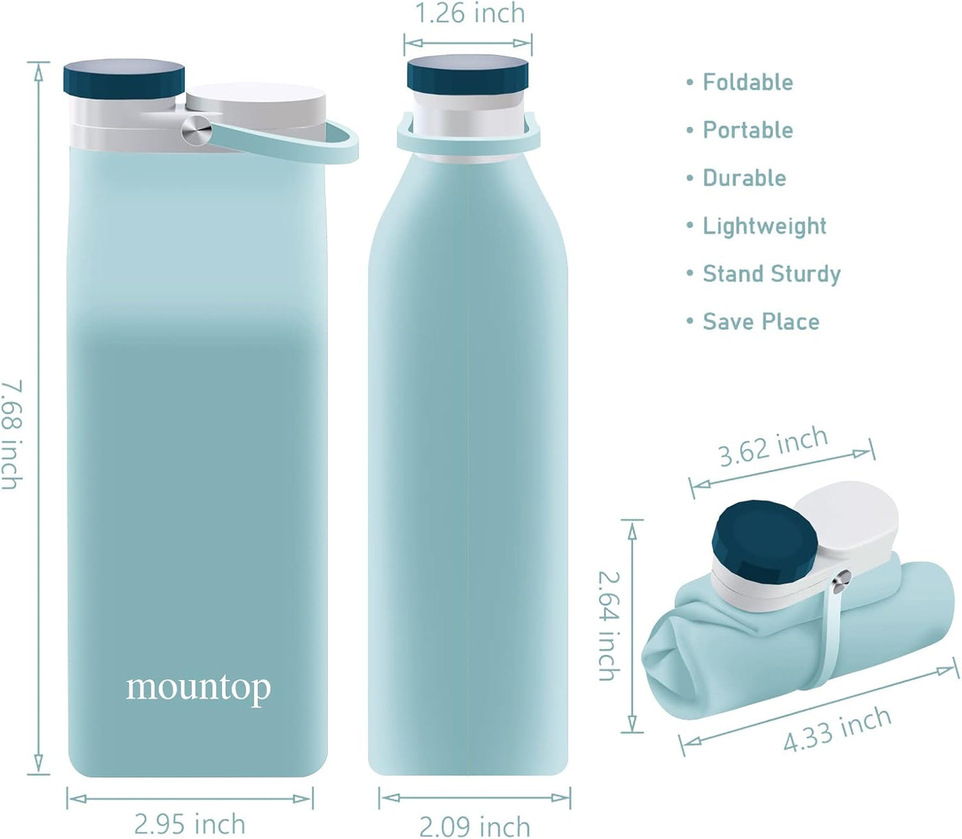 Collapsible Water Bottle, Portable Food Grade Silicone Foldable Travel Reusable Leak Proof Water Bottles for Traveling Running Fitness BPA Free, 20Oz, Blue