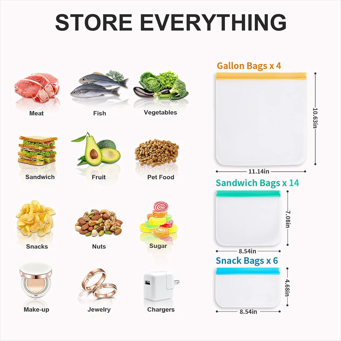 Reusable Freezer Bags - 24 Pack, 4 Gallon + 14 Sandwich + 6 Snack Bags, Leakproof Ziplock for Veggies, Fruits, Meat