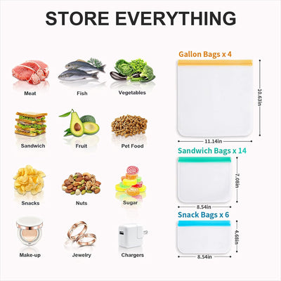 Reusable Freezer Bags - 24 Pack, 4 Gallon + 14 Sandwich + 6 Snack Bags, Leakproof Ziplock for Veggies, Fruits, Meat